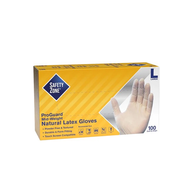 Safety Zone ProGuard Natural Latex Powder-Free Gloves, Large, Qty. 100